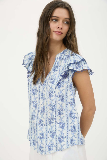 Stripe Floral Split Neck Ruffle Sleeve Top