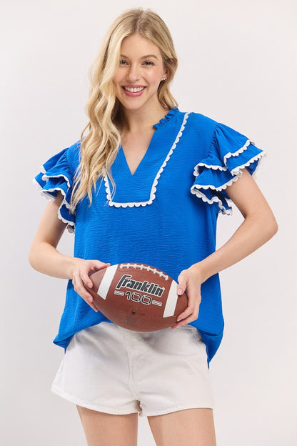 Game Day Ruffle Sleeve Scallop Trim Top