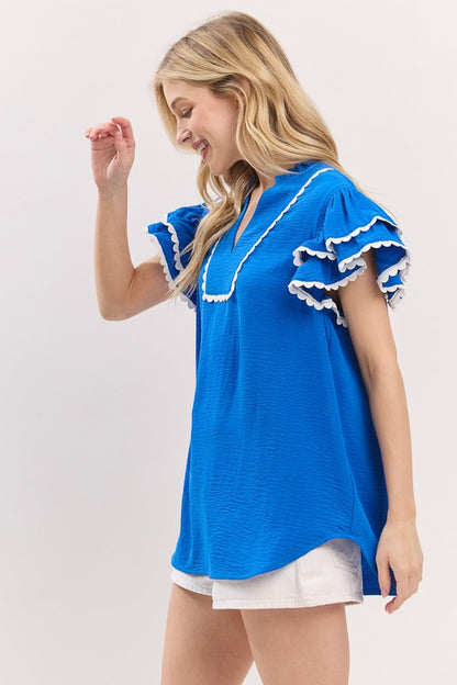 Game Day Ruffle Sleeve Scallop Trim Top
