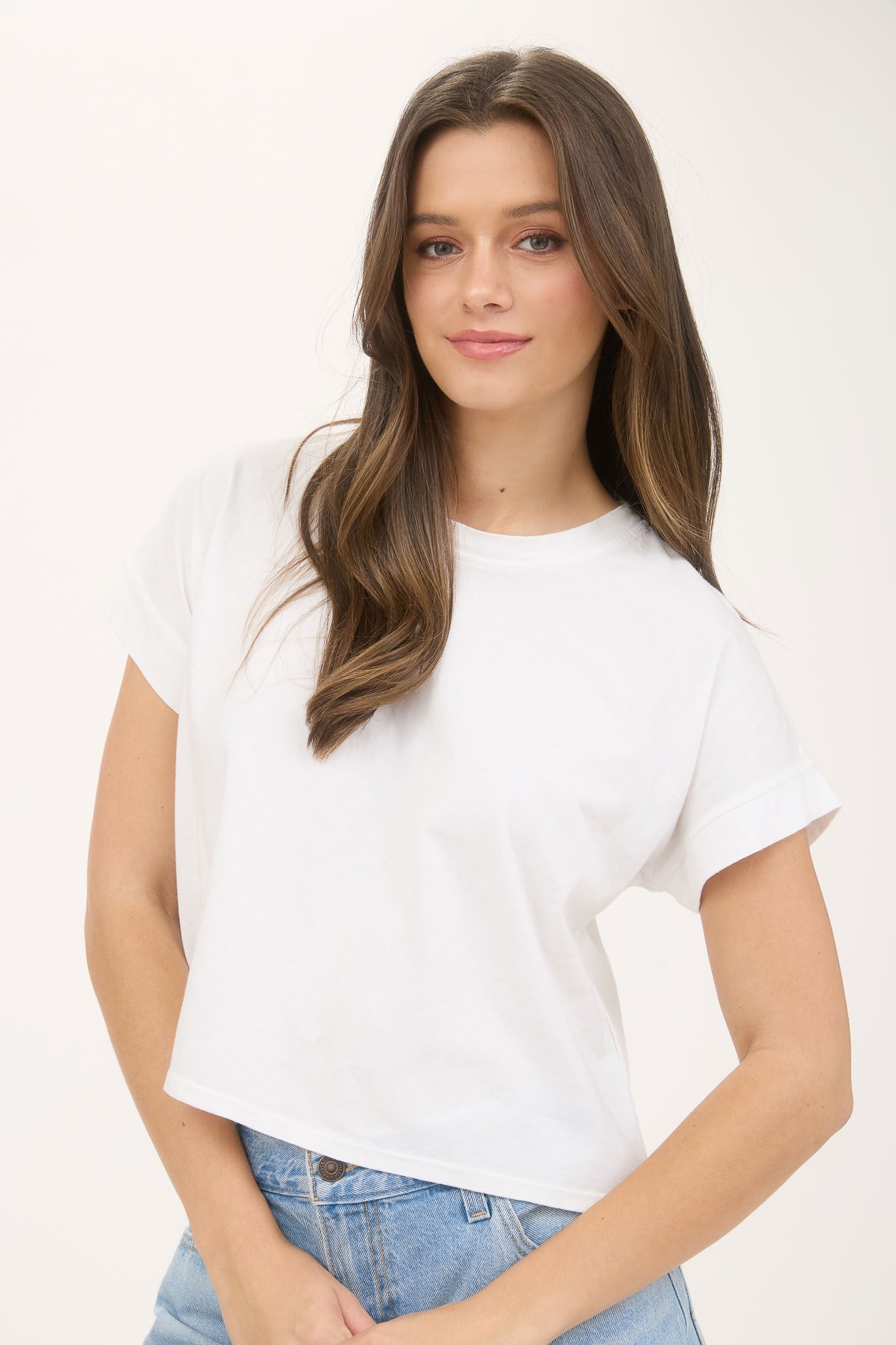 Washed Extended Shoulder Short Sleeve Knit Top White