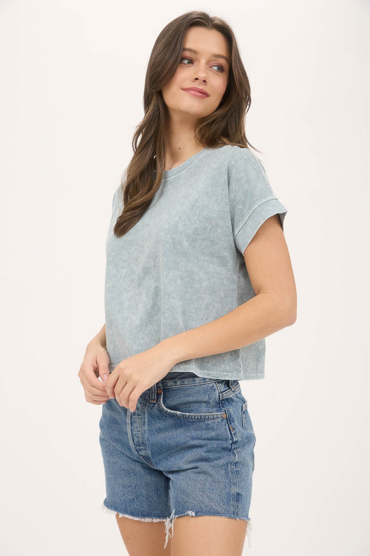 Washed Extended Shoulder Short Sleeve Knit Top Green