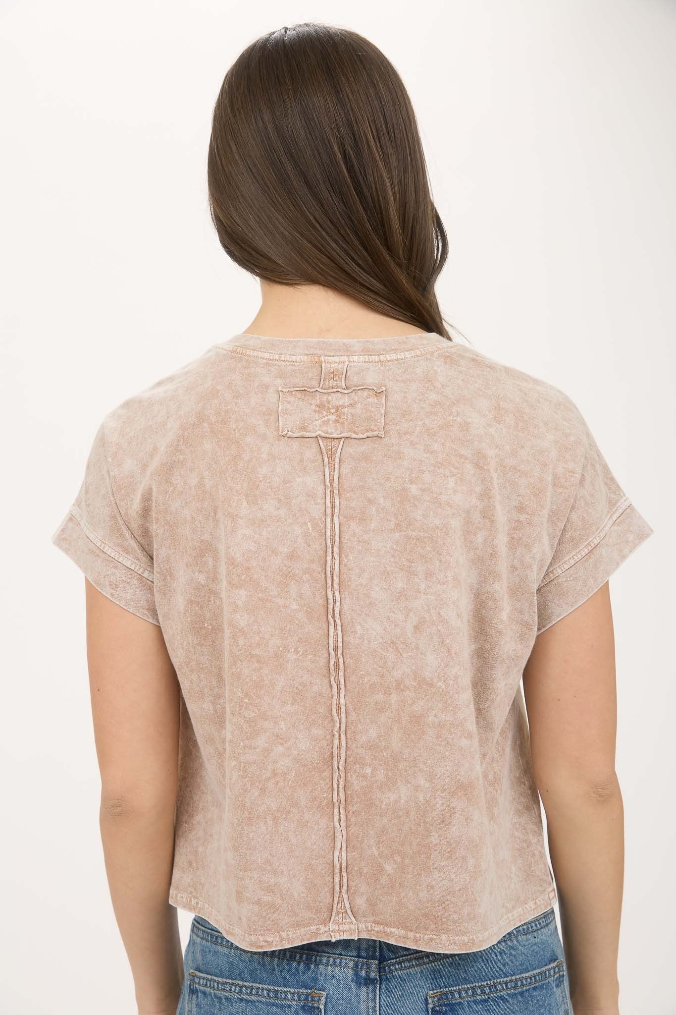 Washed Extended Shoulder Short Sleeve Knit Top Cocoa