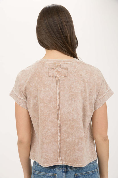 Washed Extended Shoulder Short Sleeve Knit Top Cocoa