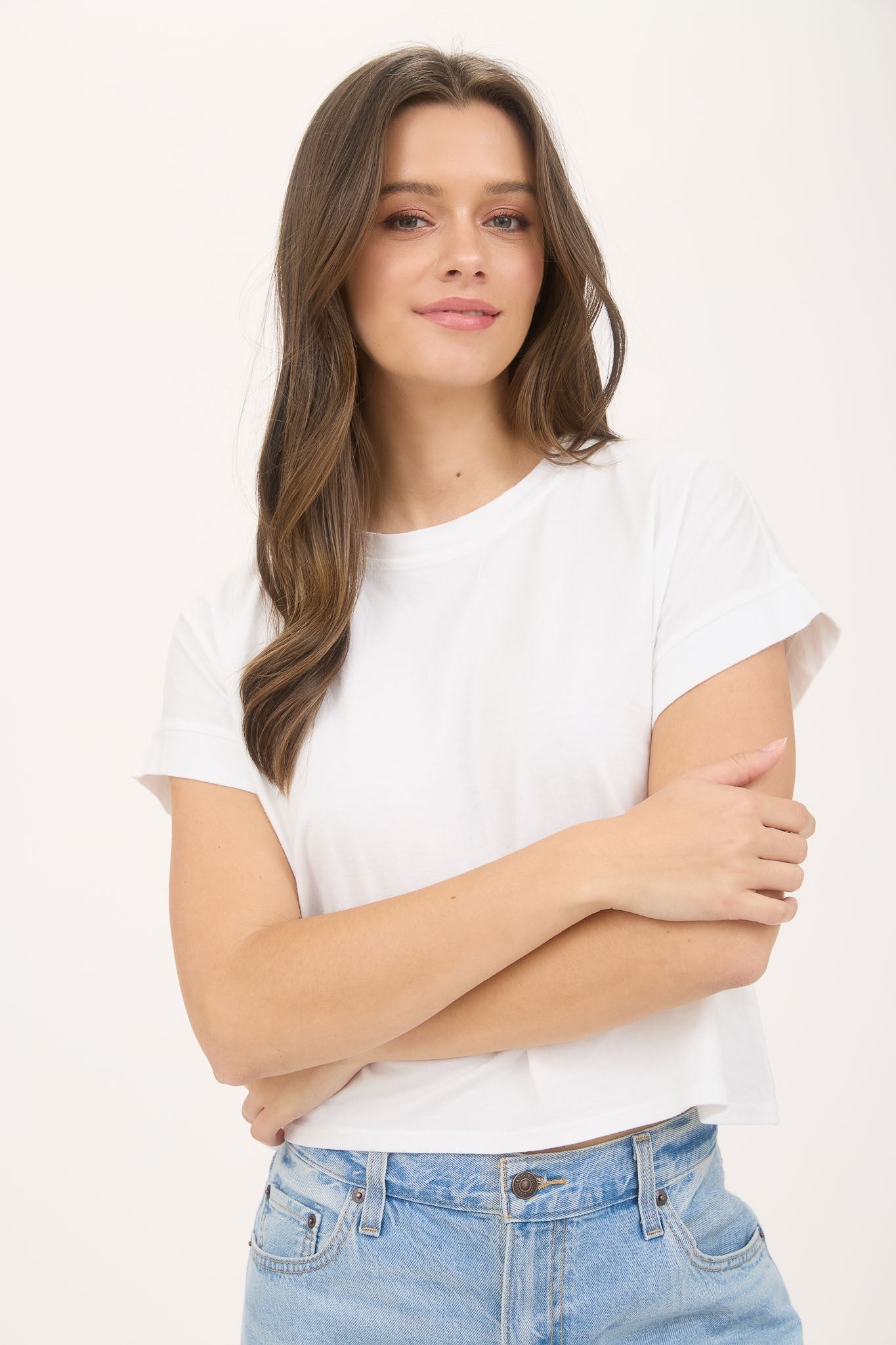 Washed Extended Shoulder Short Sleeve Knit Top White