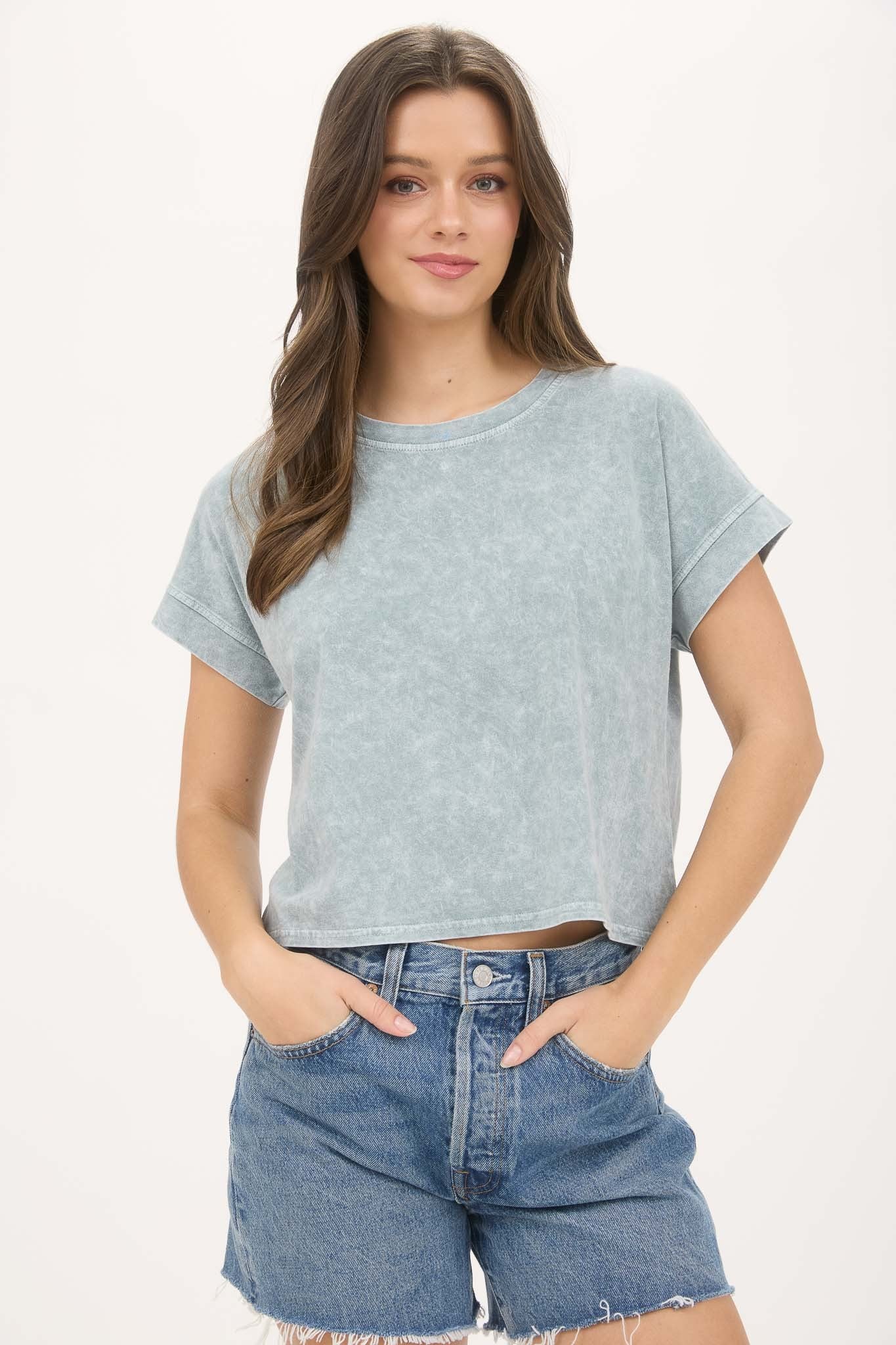 Washed Extended Shoulder Short Sleeve Knit Top Green
