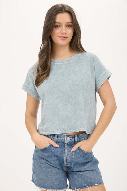 Washed Extended Shoulder Short Sleeve Knit Top Green