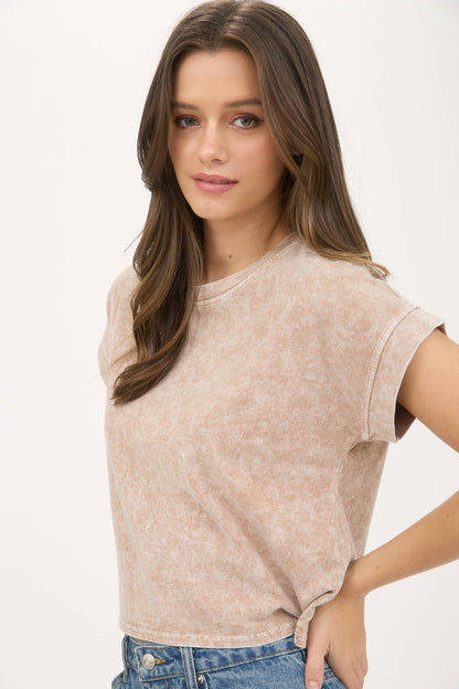 Washed Extended Shoulder Short Sleeve Knit Top Cocoa