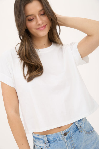 Washed Extended Shoulder Short Sleeve Knit Top White