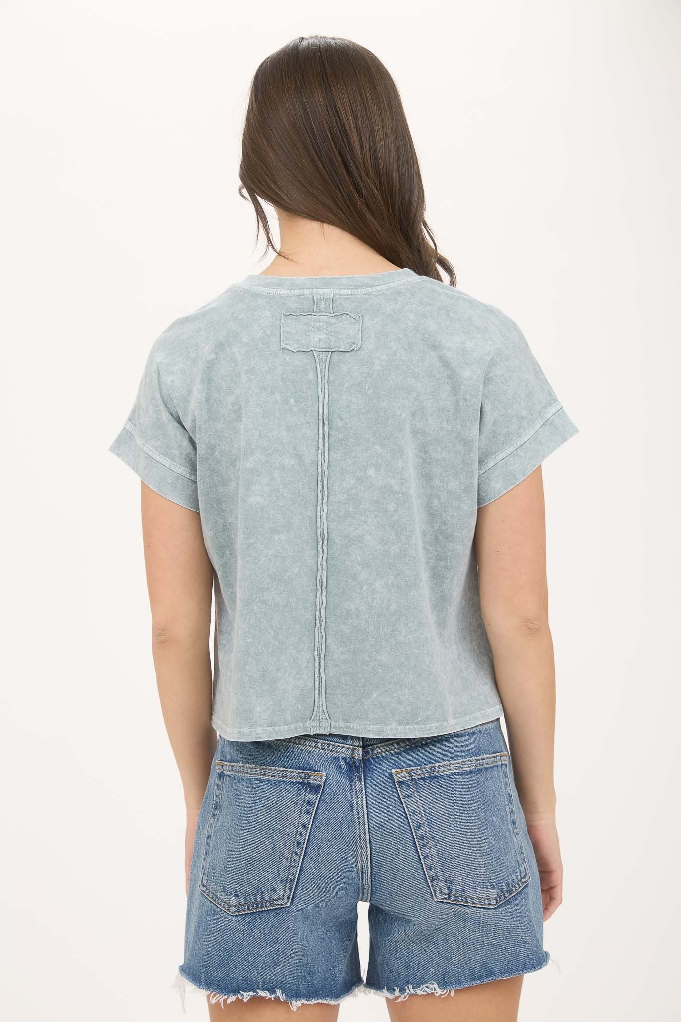 Washed Extended Shoulder Short Sleeve Knit Top Green