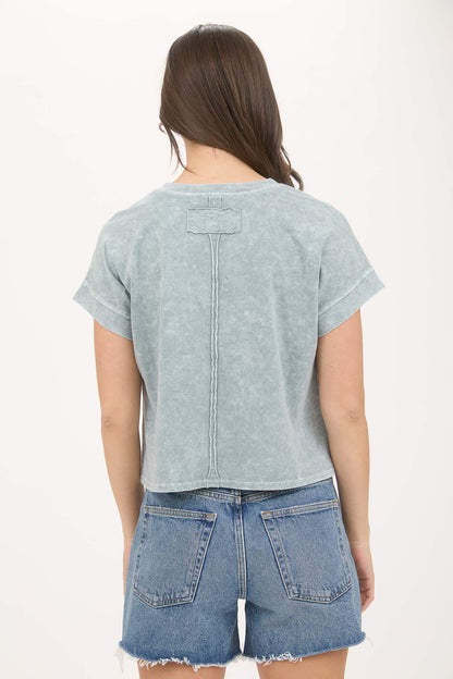 Washed Extended Shoulder Short Sleeve Knit Top Green