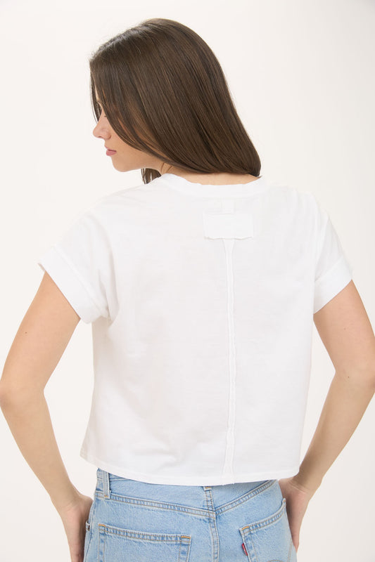 Washed Extended Shoulder Short Sleeve Knit Top White