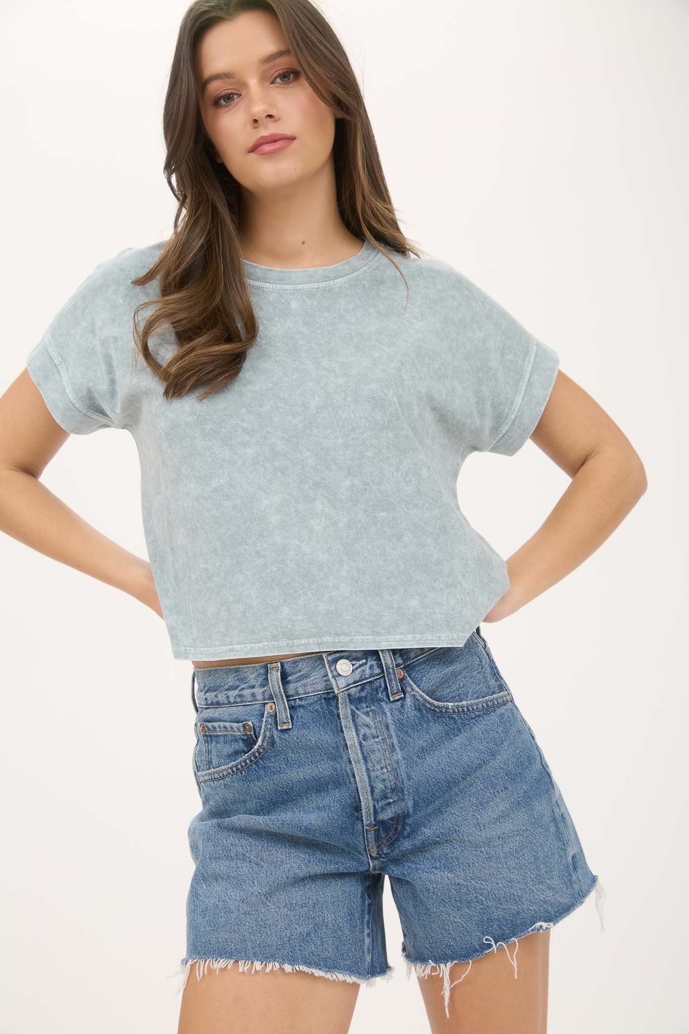 Washed Extended Shoulder Short Sleeve Knit Top Green