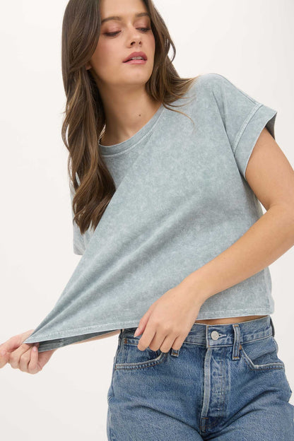 Washed Extended Shoulder Short Sleeve Knit Top Green