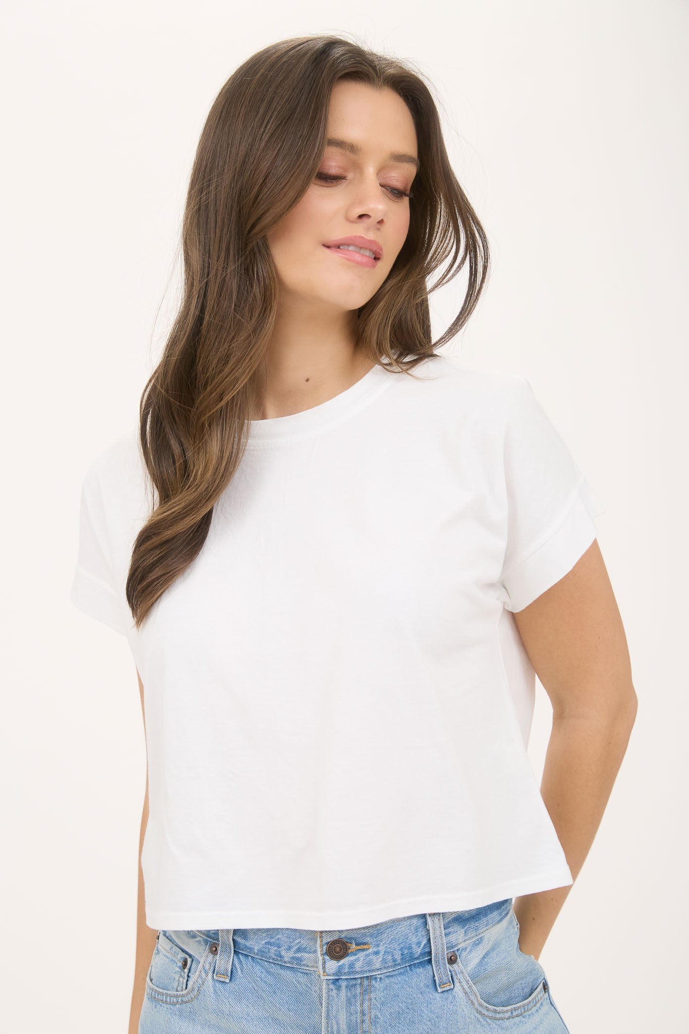 Washed Extended Shoulder Short Sleeve Knit Top White