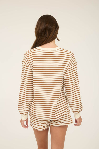 Stripe Henley Snap Button Long Sleeve Knit Top Brown