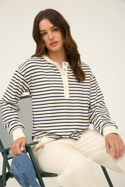 Stripe Henley Snap Button Long Sleeve Knit Top Navy
