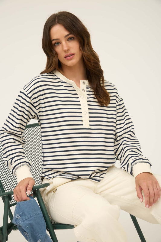 Stripe Henley Snap Button Long Sleeve Knit Top Navy