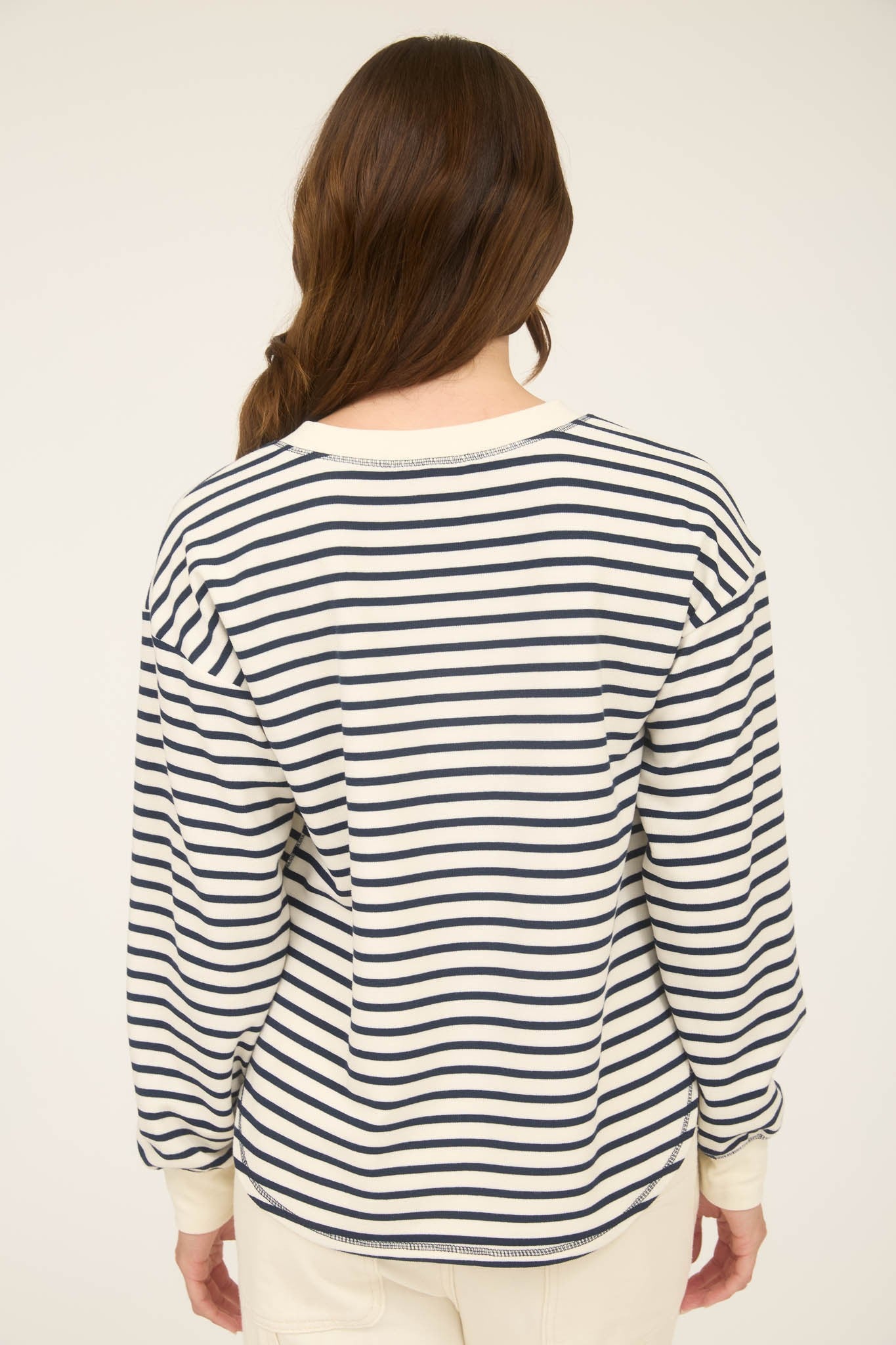 Stripe Henley Snap Button Long Sleeve Knit Top Navy