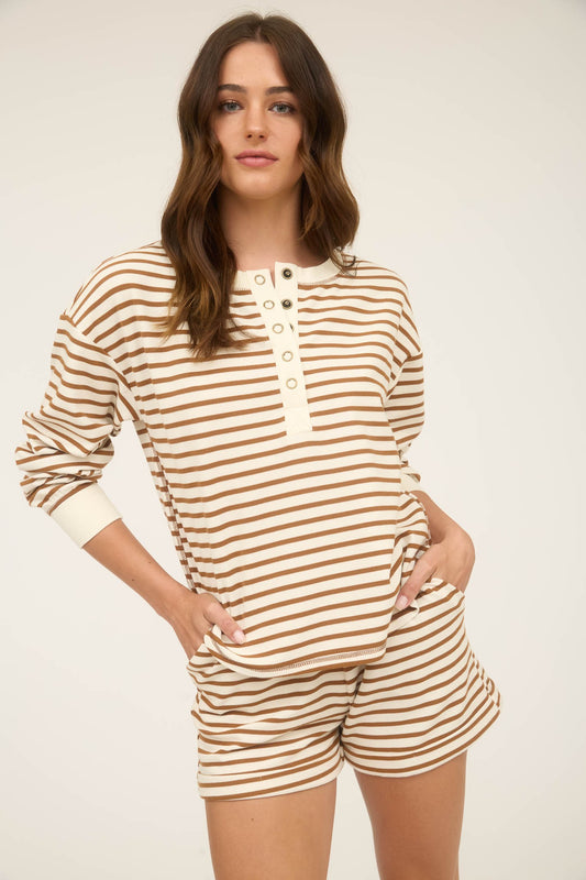 Stripe Henley Snap Button Long Sleeve Knit Top Brown