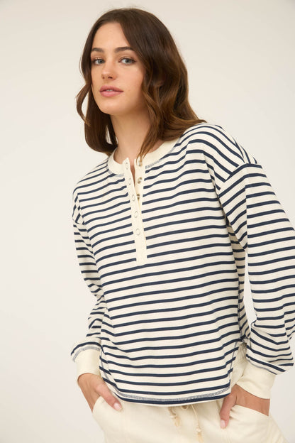 Stripe Henley Snap Button Long Sleeve Knit Top Navy
