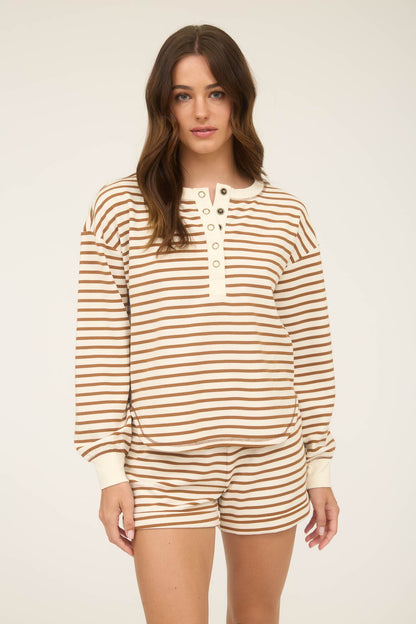 Stripe Henley Snap Button Long Sleeve Knit Top Brown