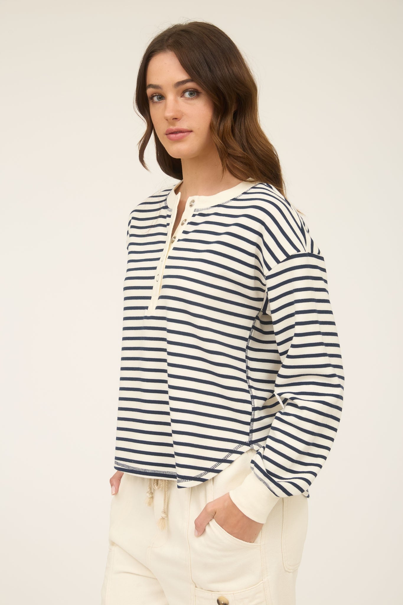 Stripe Henley Snap Button Long Sleeve Knit Top Navy