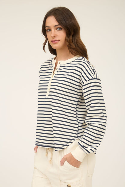 Stripe Henley Snap Button Long Sleeve Knit Top Navy