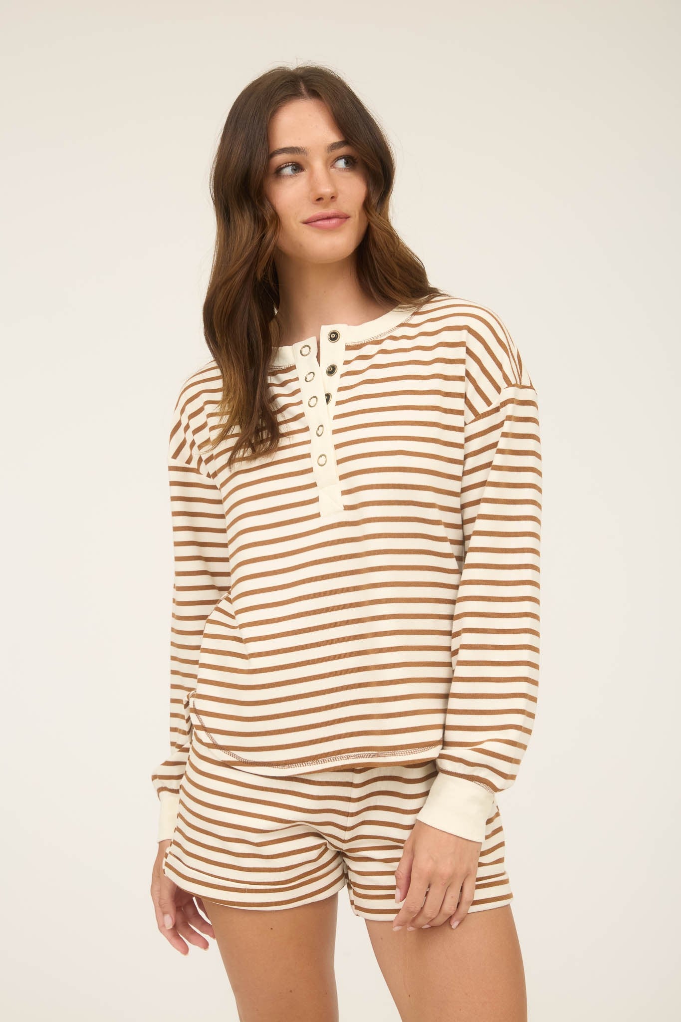 Stripe Henley Snap Button Long Sleeve Knit Top Brown