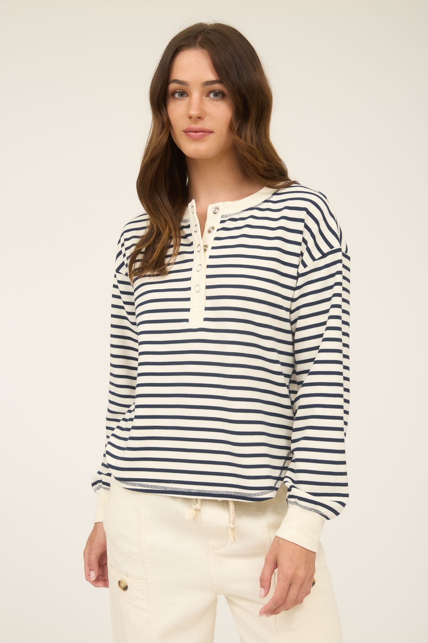 Stripe Henley Snap Button Long Sleeve Knit Top Navy