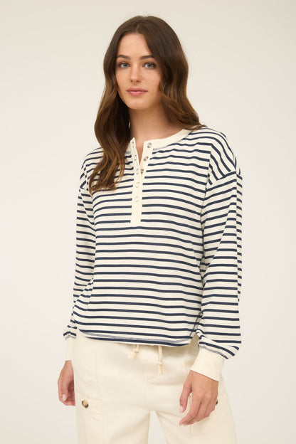 Stripe Henley Snap Button Long Sleeve Knit Top Navy