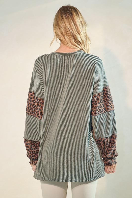 Puff Sleeve Solid Urban Ribbed And Animal Top