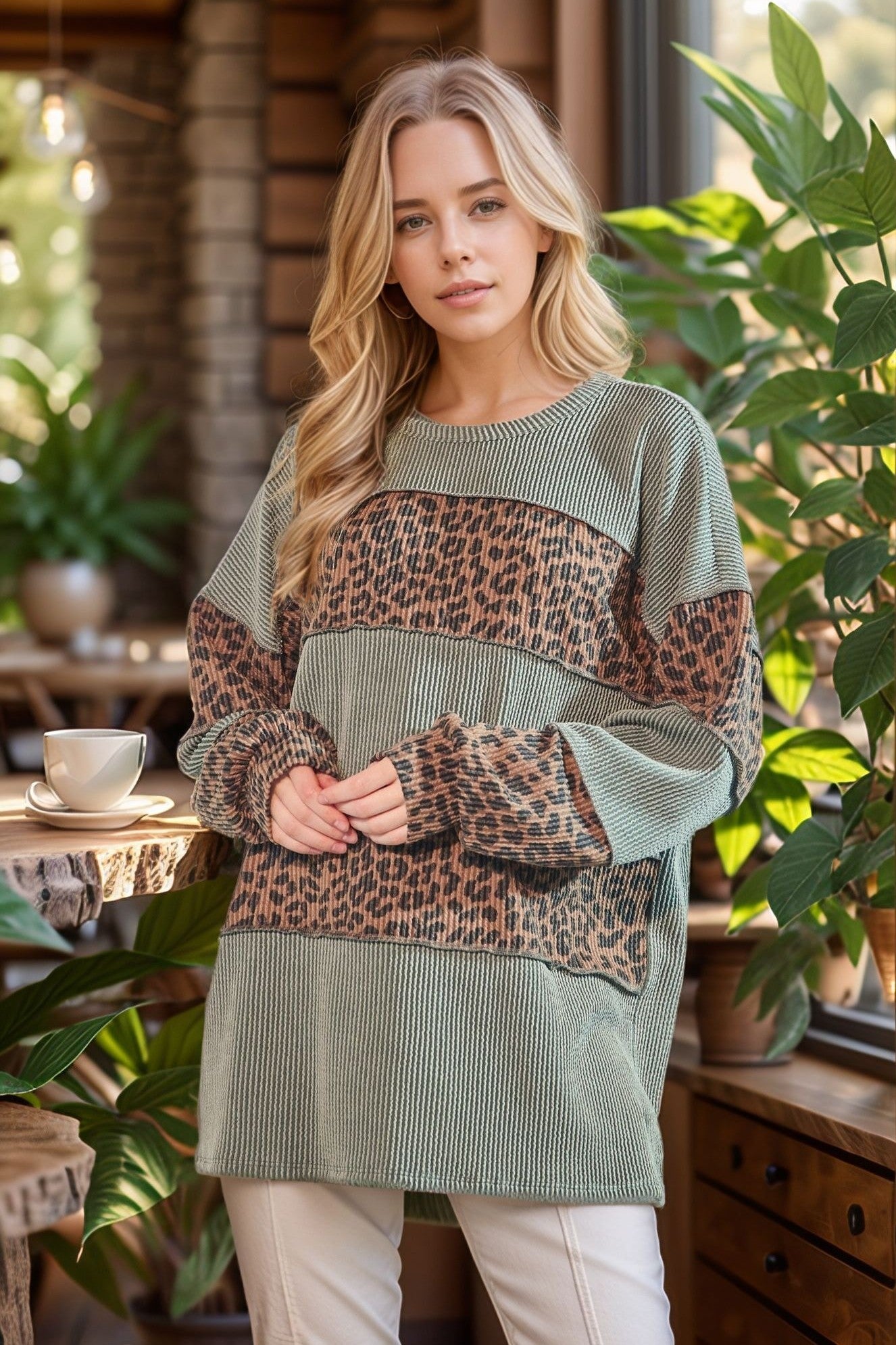 Puff Sleeve Solid Urban Ribbed And Animal Top