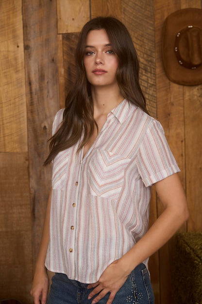 Multicolor Stripe Short Sleeve Button Down Top