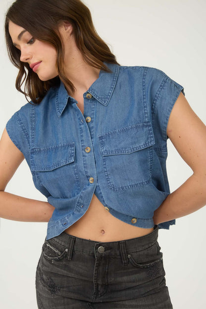 Chambray Collared Pocket Flap Button Down Shirt