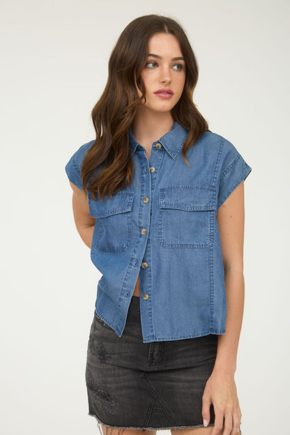 Chambray Collared Pocket Flap Button Down Shirt