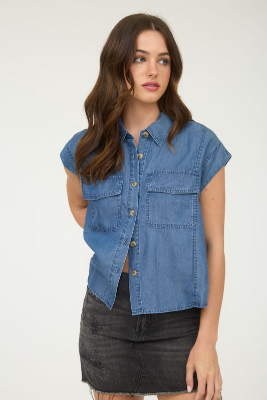 Chambray Collared Pocket Flap Button Down Shirt