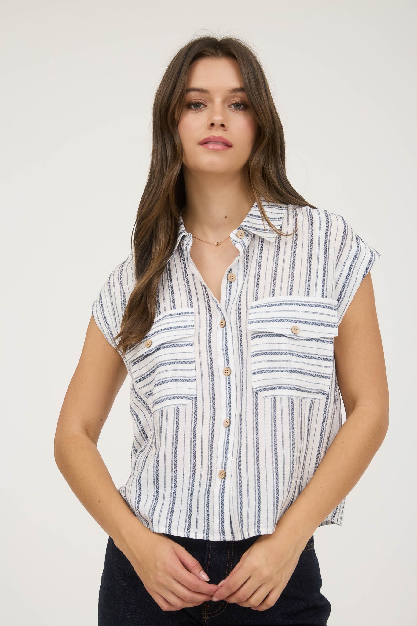Stripe Collared Sleeveless Button Down Shirt
