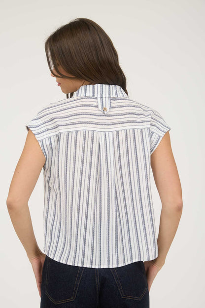 Stripe Collared Sleeveless Button Down Shirt