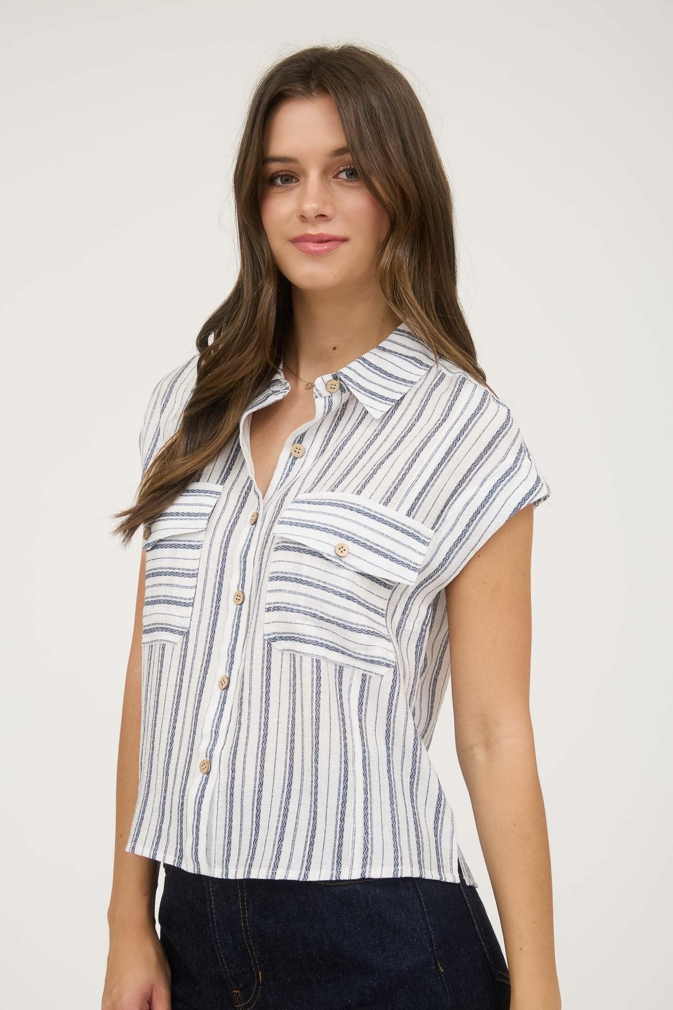 Stripe Collared Sleeveless Button Down Shirt