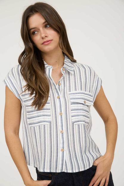 Stripe Collared Sleeveless Button Down Shirt