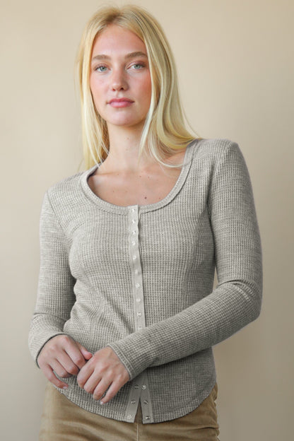 Button Down Fitted Knit Casual Top Olive