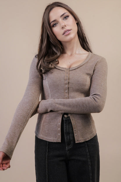 Button Down Fitted Knit Casual Top Mocha
