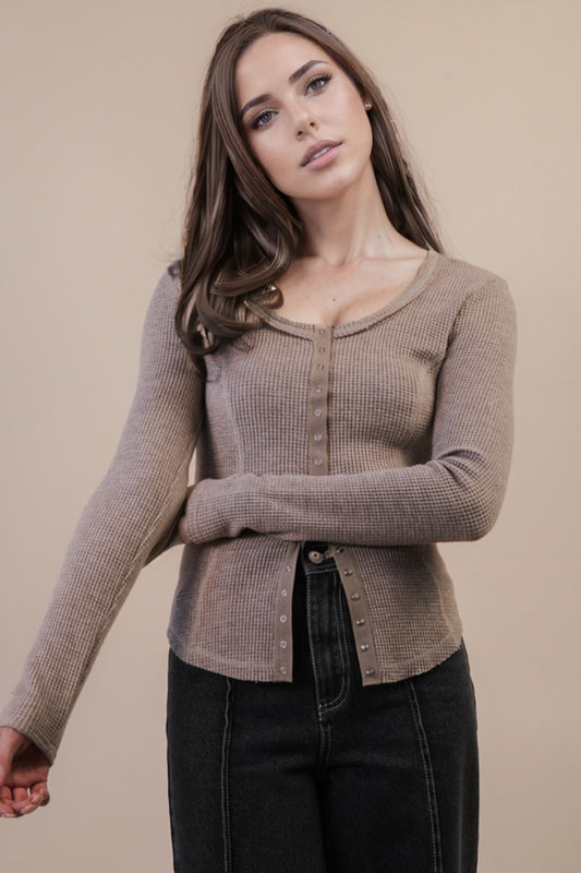Button Down Fitted Knit Casual Top Mocha