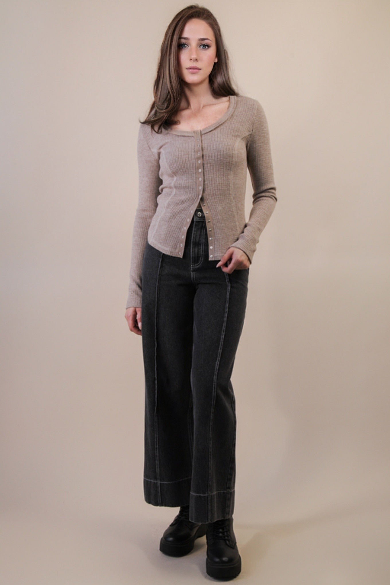 Button Down Fitted Knit Casual Top Mocha