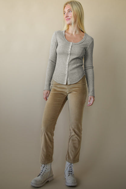 Button Down Fitted Knit Casual Top Olive