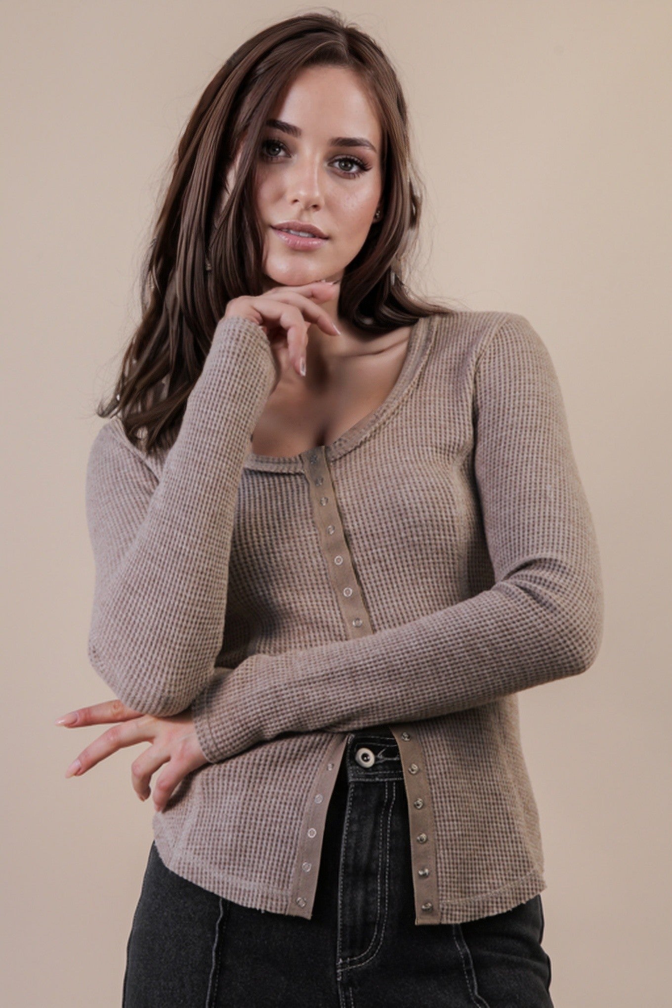 Button Down Fitted Knit Casual Top Mocha
