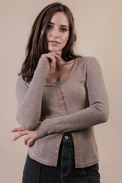 Button Down Fitted Knit Casual Top Mocha