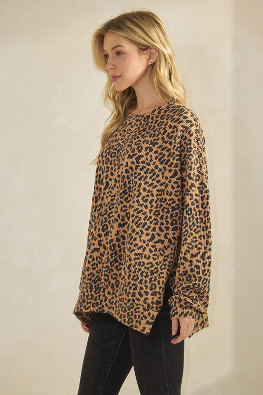 Long Sleeve Round Neck Animal Urban Rib Top (PREORDER)