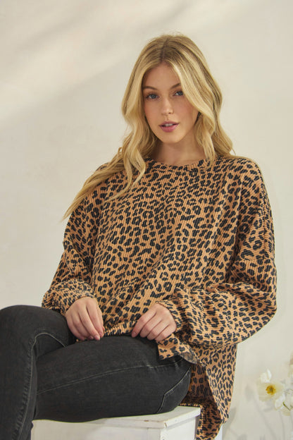 Long Sleeve Round Neck Animal Urban Rib Top (PREORDER)