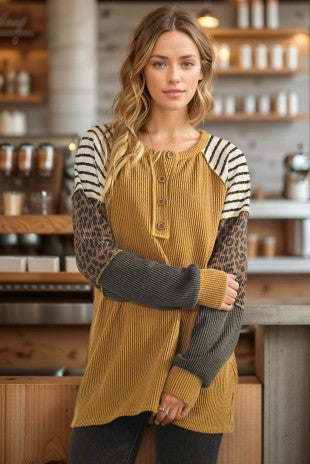 Long Sleeve Solid And Print Urban Rib Contrast Top (PREORDER)